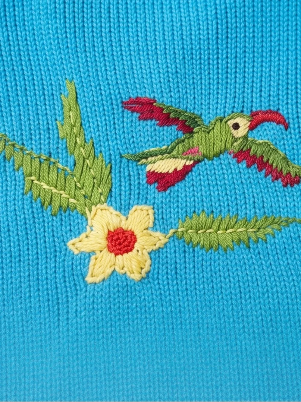 Handknits by Storybook Kruts Tropical Parrot Cardigan Turq Embroidery Sweater Lg